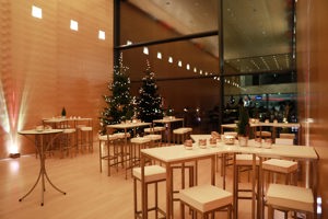 Weihnachtlich dekorierter und stimmungsvoll eingeleuchteter Saal propter homines im Festspielhaus Bregenz