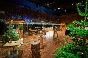 Weihnachtlich dekoriertes Seestudio im Festspielhaus Bregenz mit Tannen und Marktständen